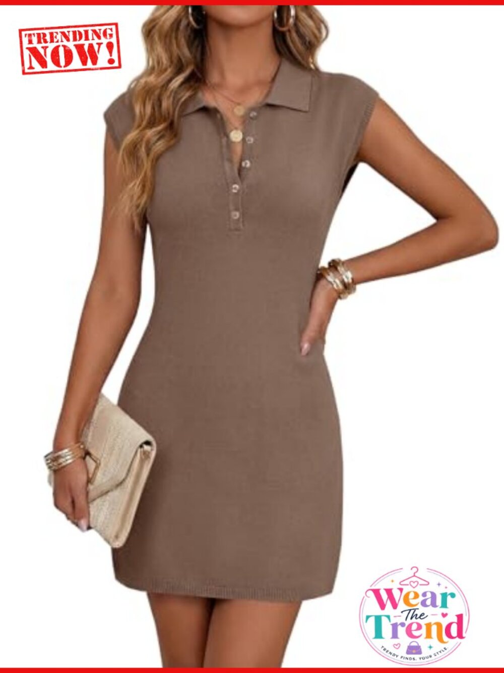 Sleeveless Knit Mini Sweater Dress Button V Neck Collared Casual Summer